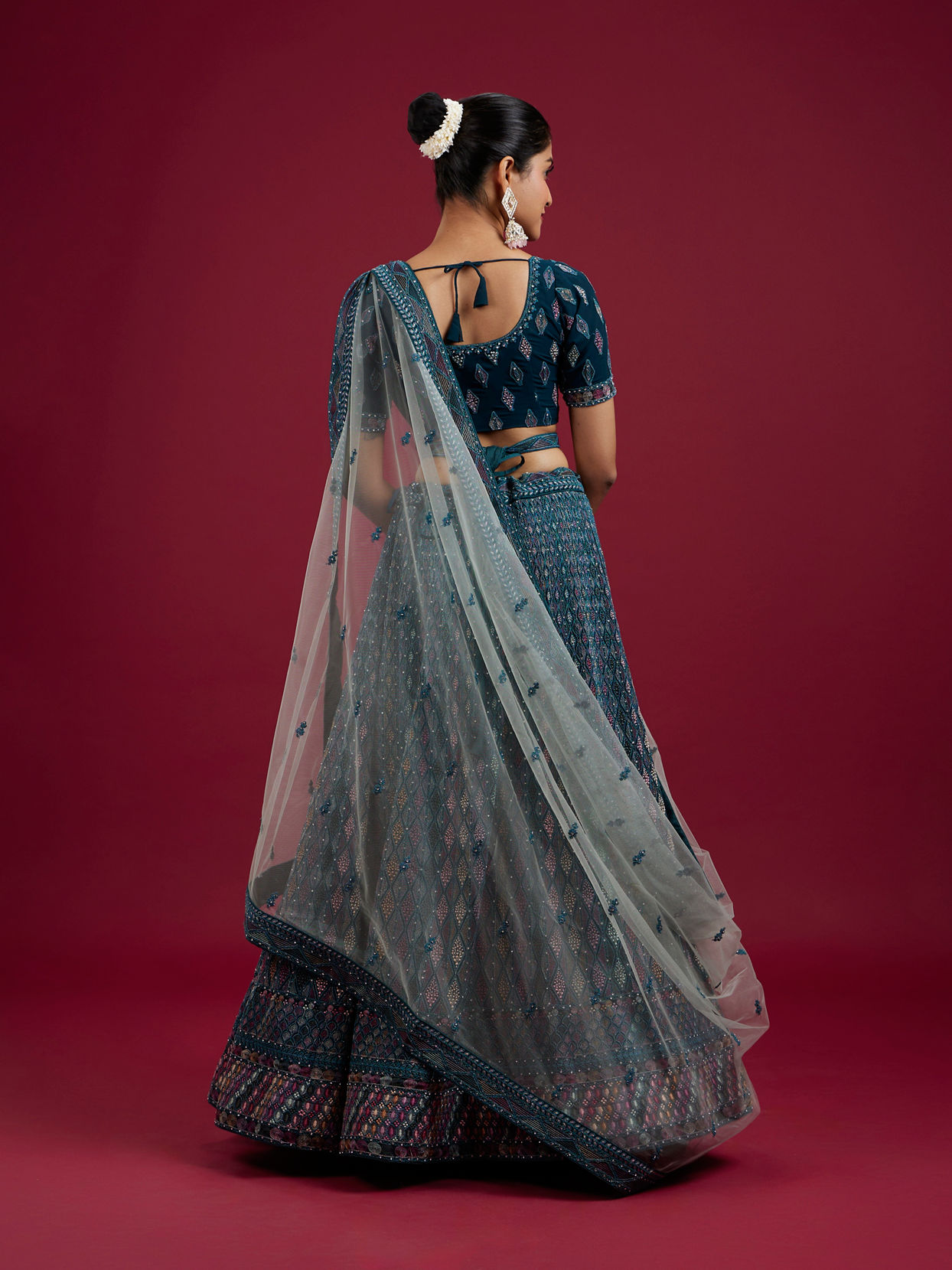 Mohey Women Teal Blue Harlequin Pattern Moti Work Lehenga