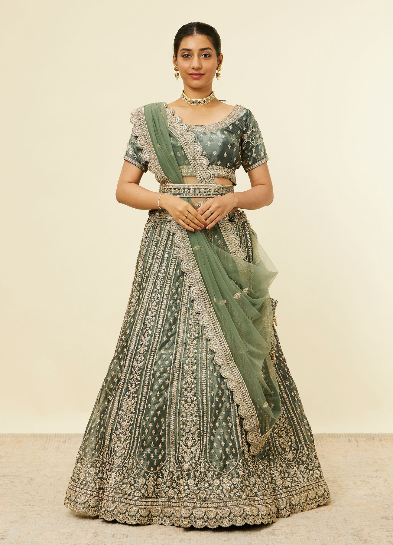 Mohey Women Pista Green Floral Aari Embroidered Lehenga