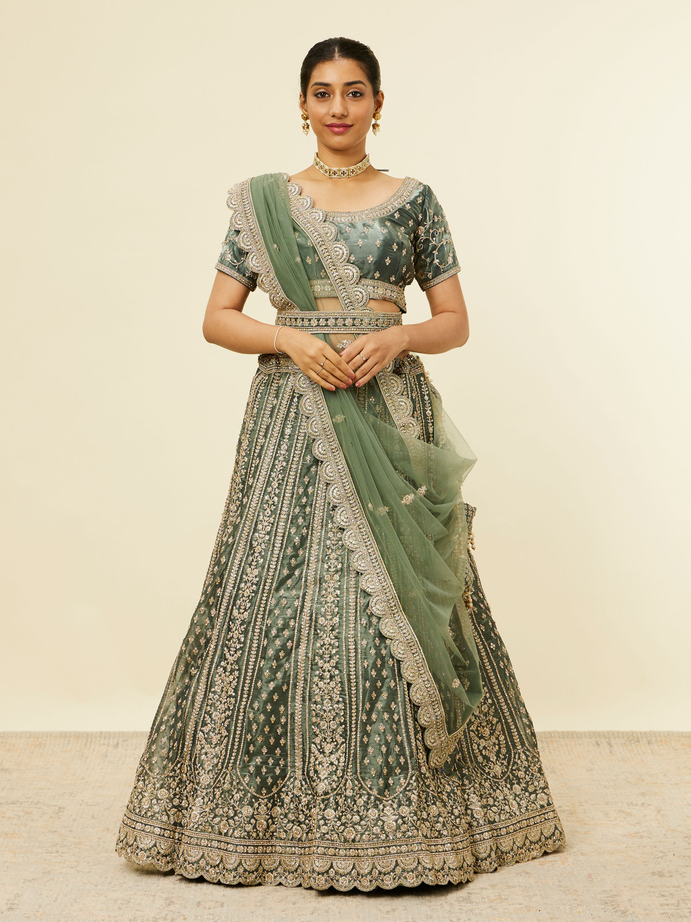 Mohey Women Pista Green Floral Aari Embroidered Lehenga