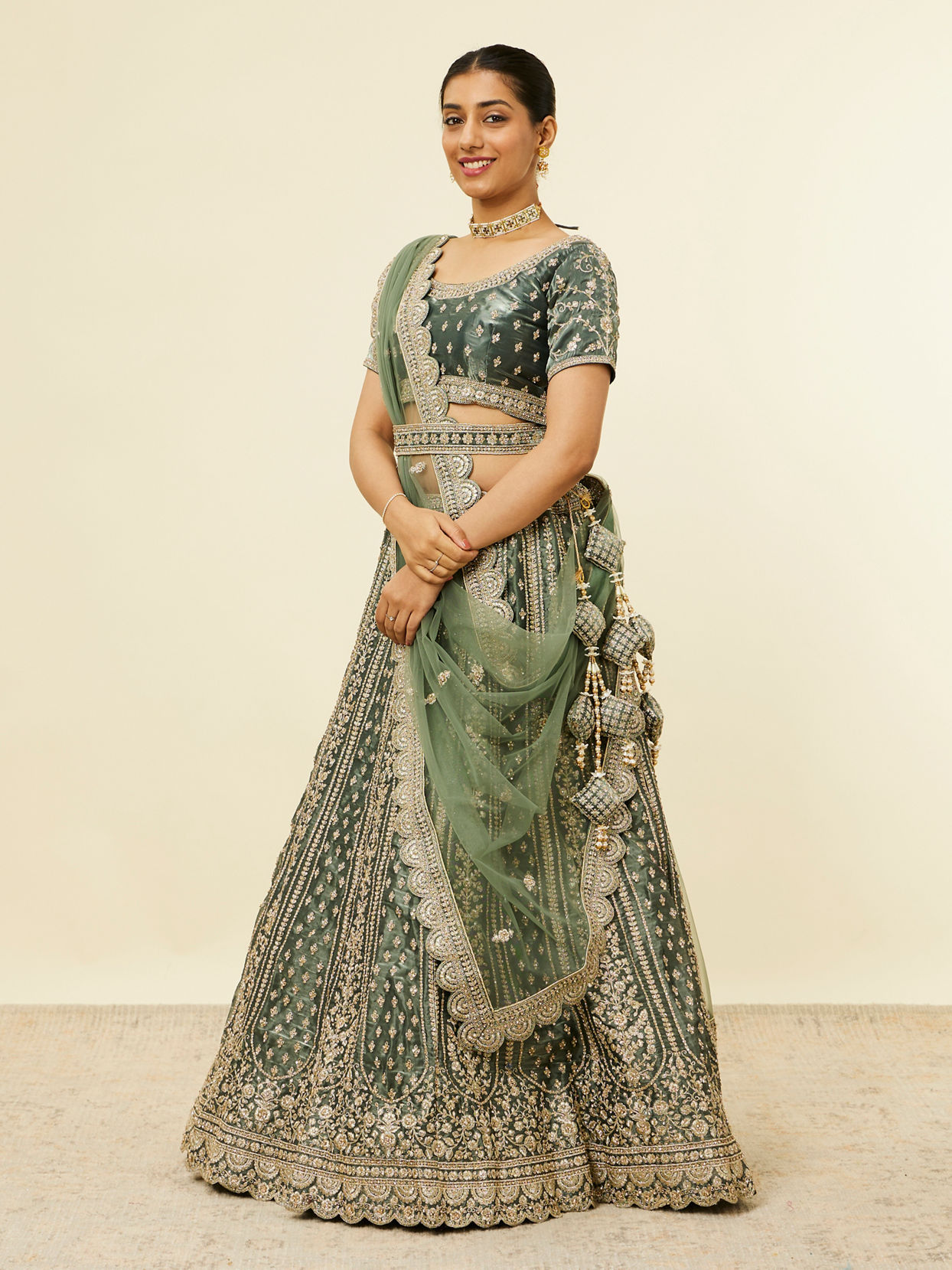 Mohey Women Pista Green Floral Aari Embroidered Lehenga