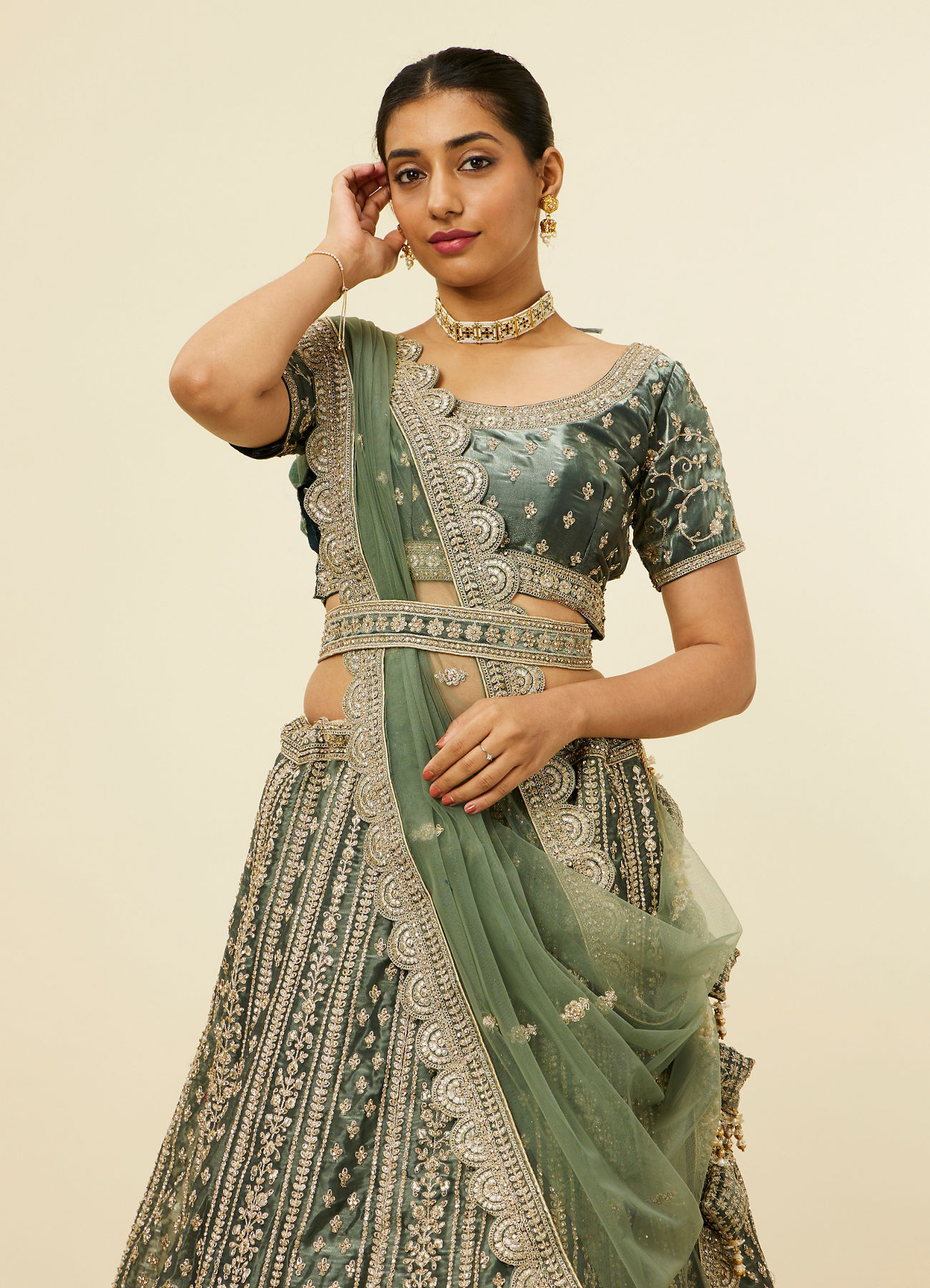 Mohey Women Pista Green Floral Aari Embroidered Lehenga