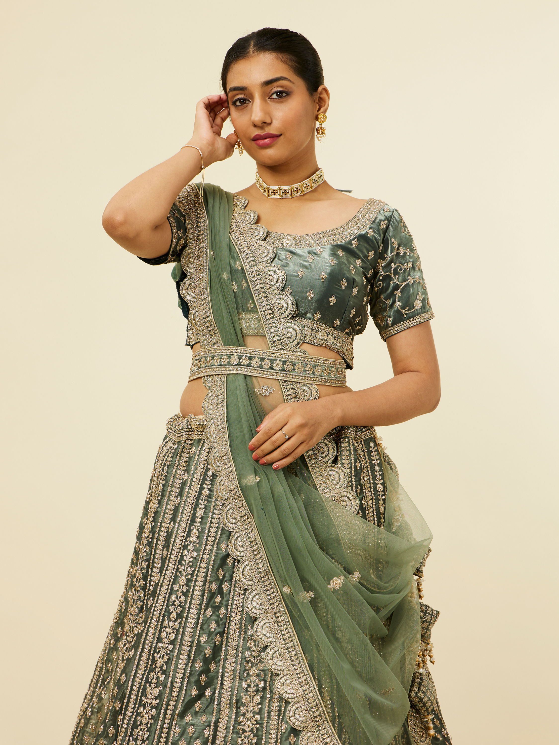 Mohey Women Pista Green Floral Aari Embroidered Lehenga