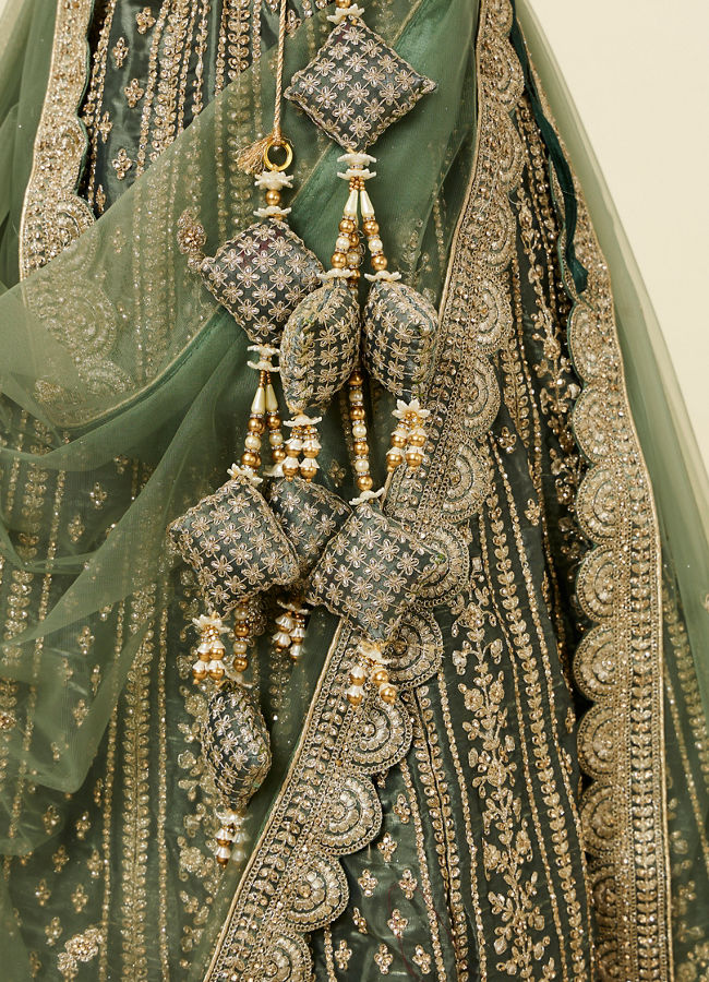 Mohey Women Pista Green Floral Aari Embroidered Lehenga