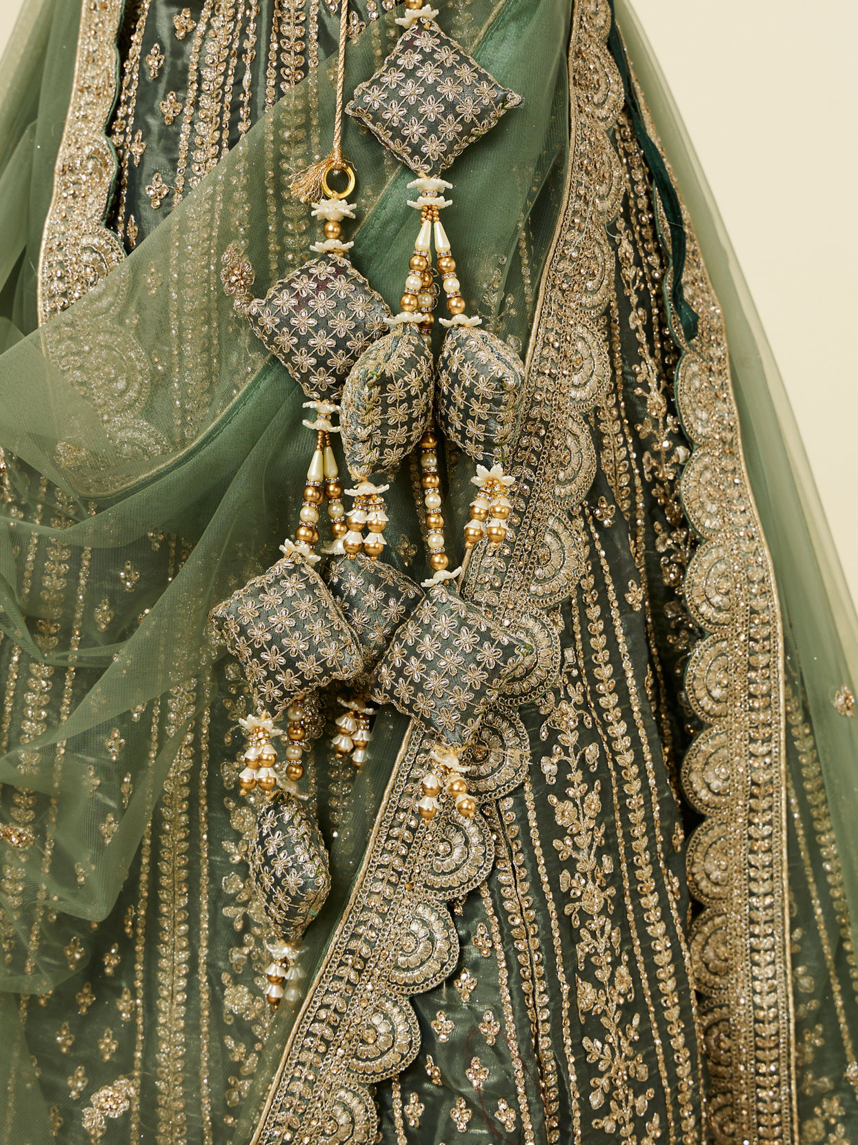 Mohey Women Pista Green Floral Aari Embroidered Lehenga