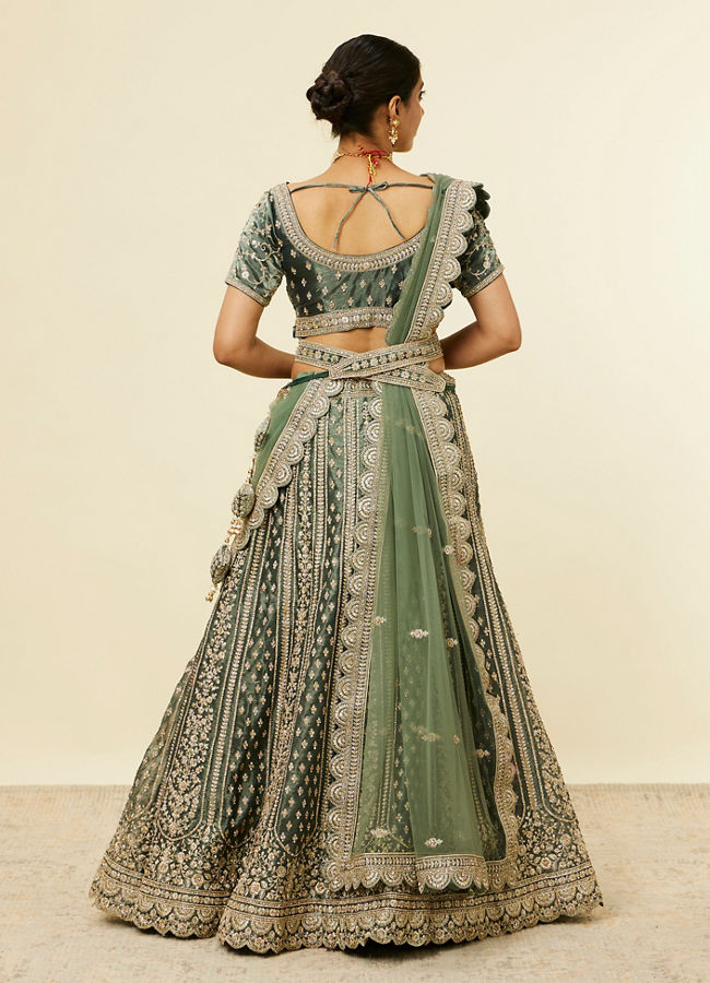Mohey Women Pista Green Floral Aari Embroidered Lehenga