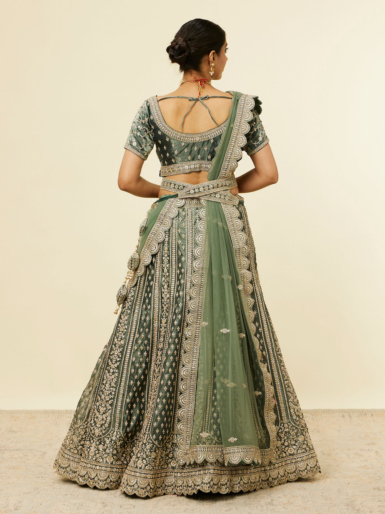 Mohey Women Pista Green Floral Aari Embroidered Lehenga
