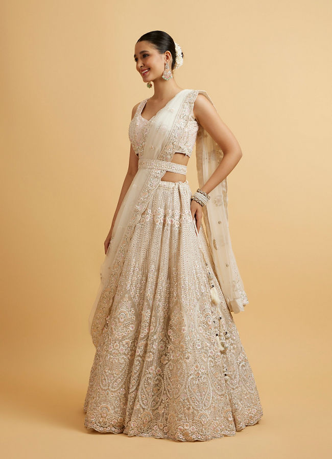 Mohey Women Dark Cream Floral Paisley Embroidered Bridal Lehenga with Round Trimmed Latkans