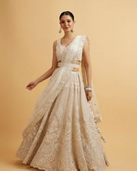 Mohey Women Dark Cream Floral Paisley Embroidered Bridal Lehenga with Round Trimmed Latkans