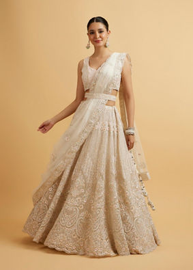 Mohey Women Dark Cream Floral Paisley Embroidered Bridal Lehenga with Round Trimmed Latkans