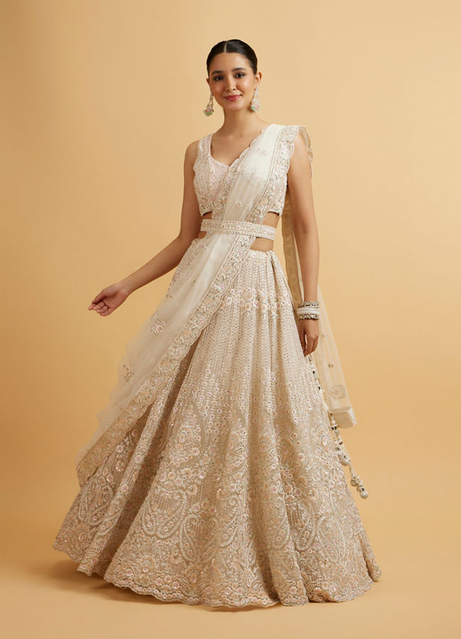 Mohey Women Dark Cream Floral Paisley Embroidered Bridal Lehenga with Round Trimmed Latkans