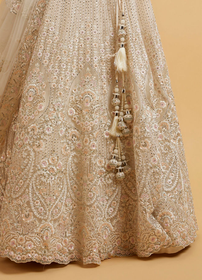 Mohey Women Dark Cream Floral Paisley Embroidered Bridal Lehenga with Round Trimmed Latkans
