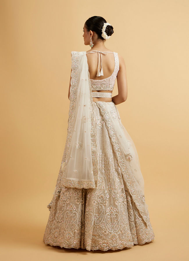 Mohey Women Dark Cream Floral Paisley Embroidered Bridal Lehenga with Round Trimmed Latkans