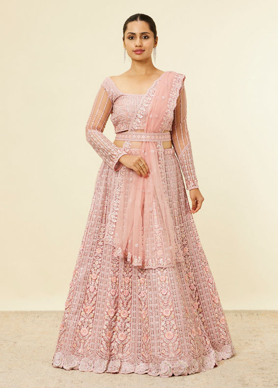 Mohey Women Shell Pink Floral Aari Embroidered Bridal Lehenga
