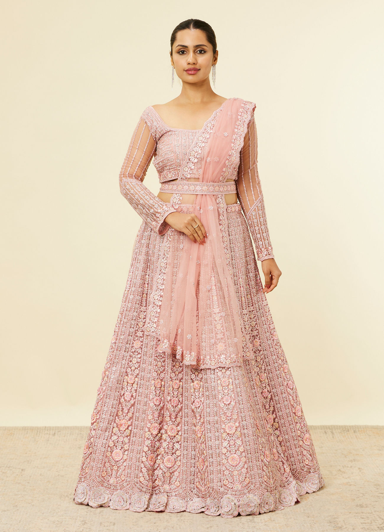 Mohey Women Shell Pink Floral Aari Embroidered Bridal Lehenga
