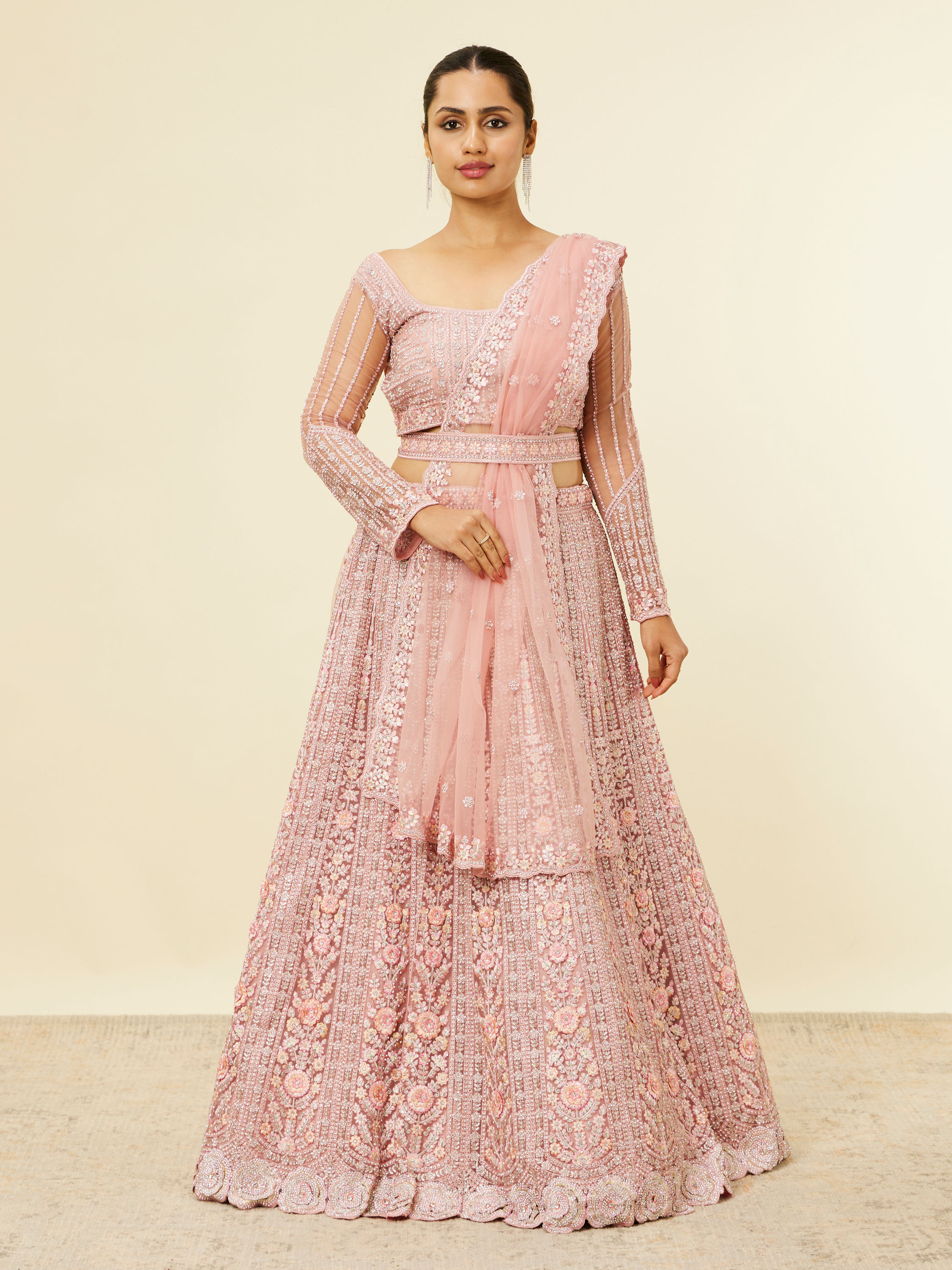 Mohey Women Shell Pink Floral Aari Embroidered Bridal Lehenga