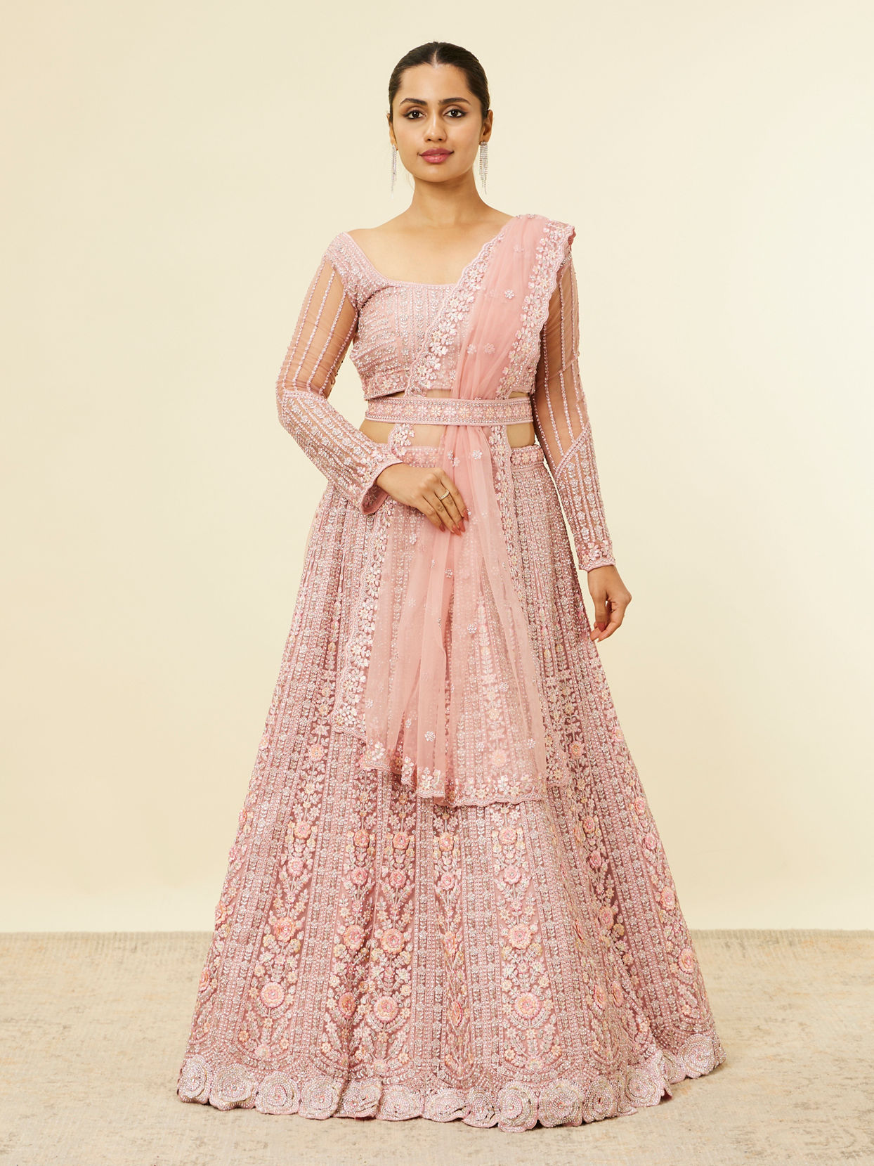 Mohey Women Shell Pink Floral Aari Embroidered Bridal Lehenga