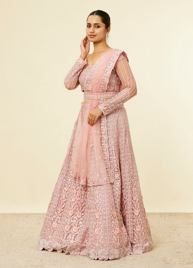 Mohey Women Shell Pink Floral Aari Embroidered Bridal Lehenga