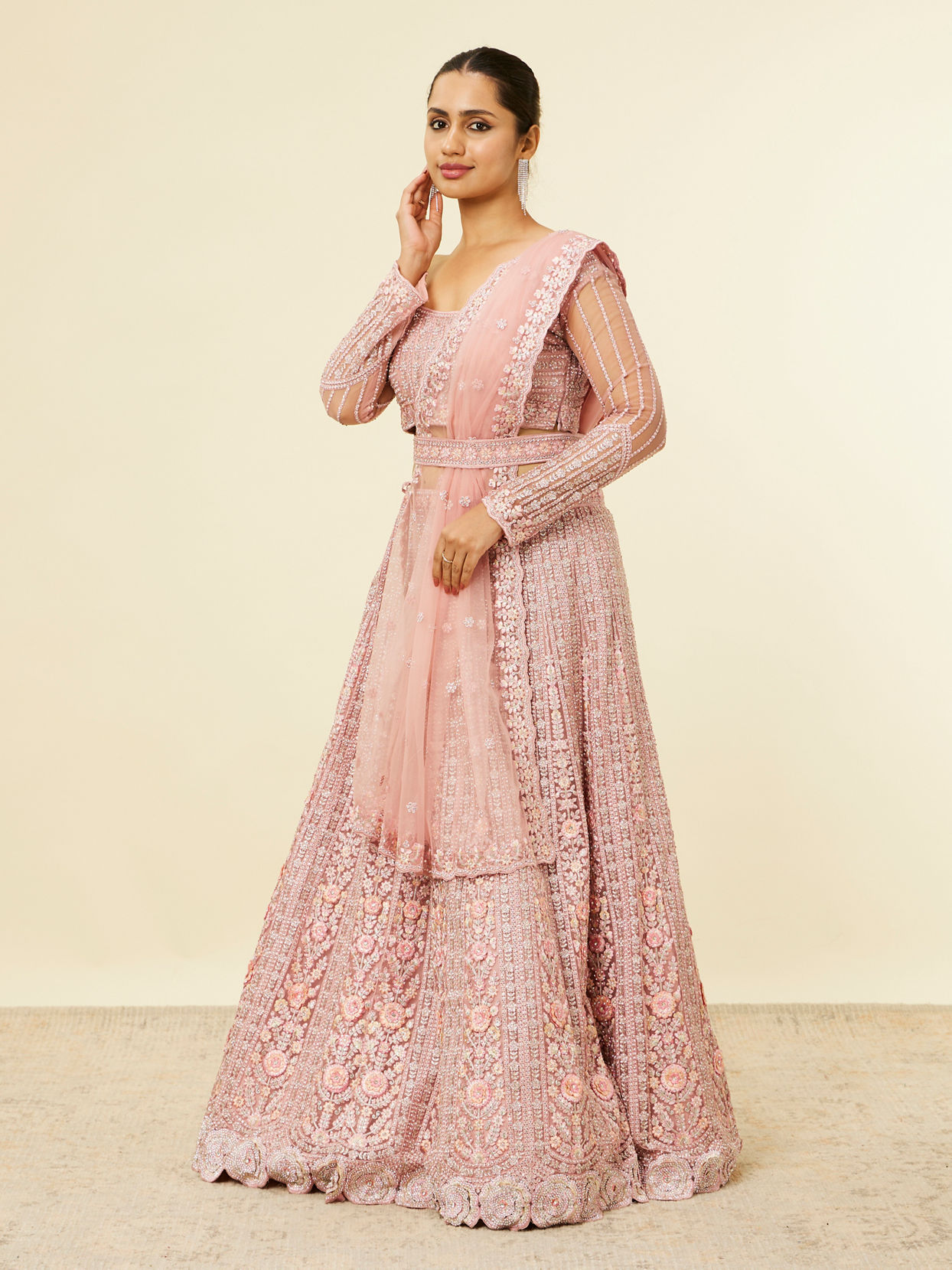 Mohey Women Shell Pink Floral Aari Embroidered Bridal Lehenga