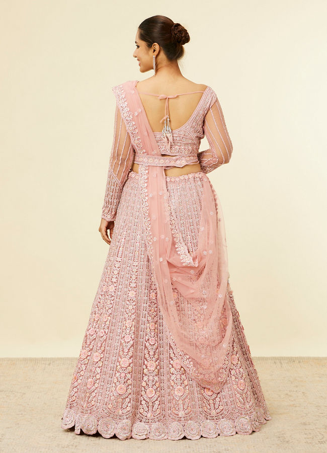 Mohey Women Shell Pink Floral Aari Embroidered Bridal Lehenga