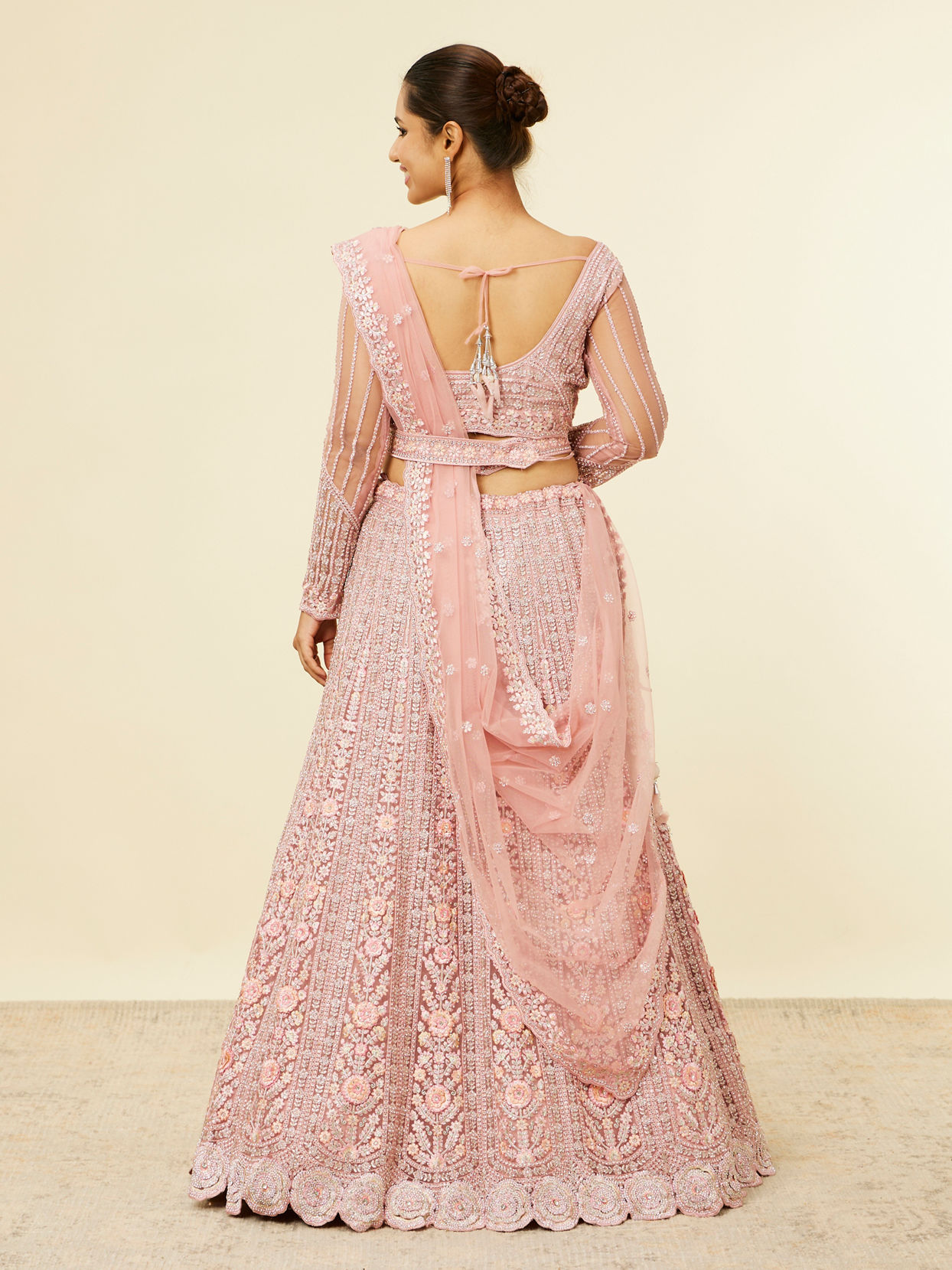 Mohey Women Shell Pink Floral Aari Embroidered Bridal Lehenga