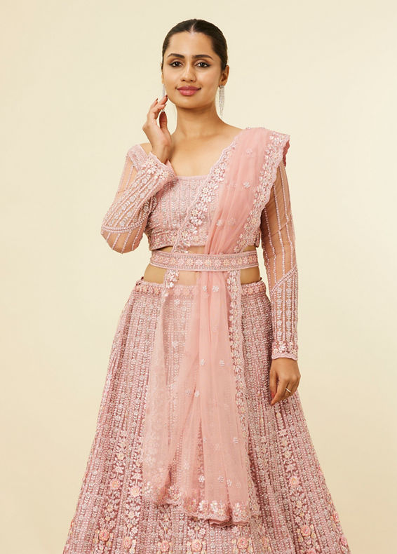 Mohey Women Shell Pink Floral Aari Embroidered Bridal Lehenga