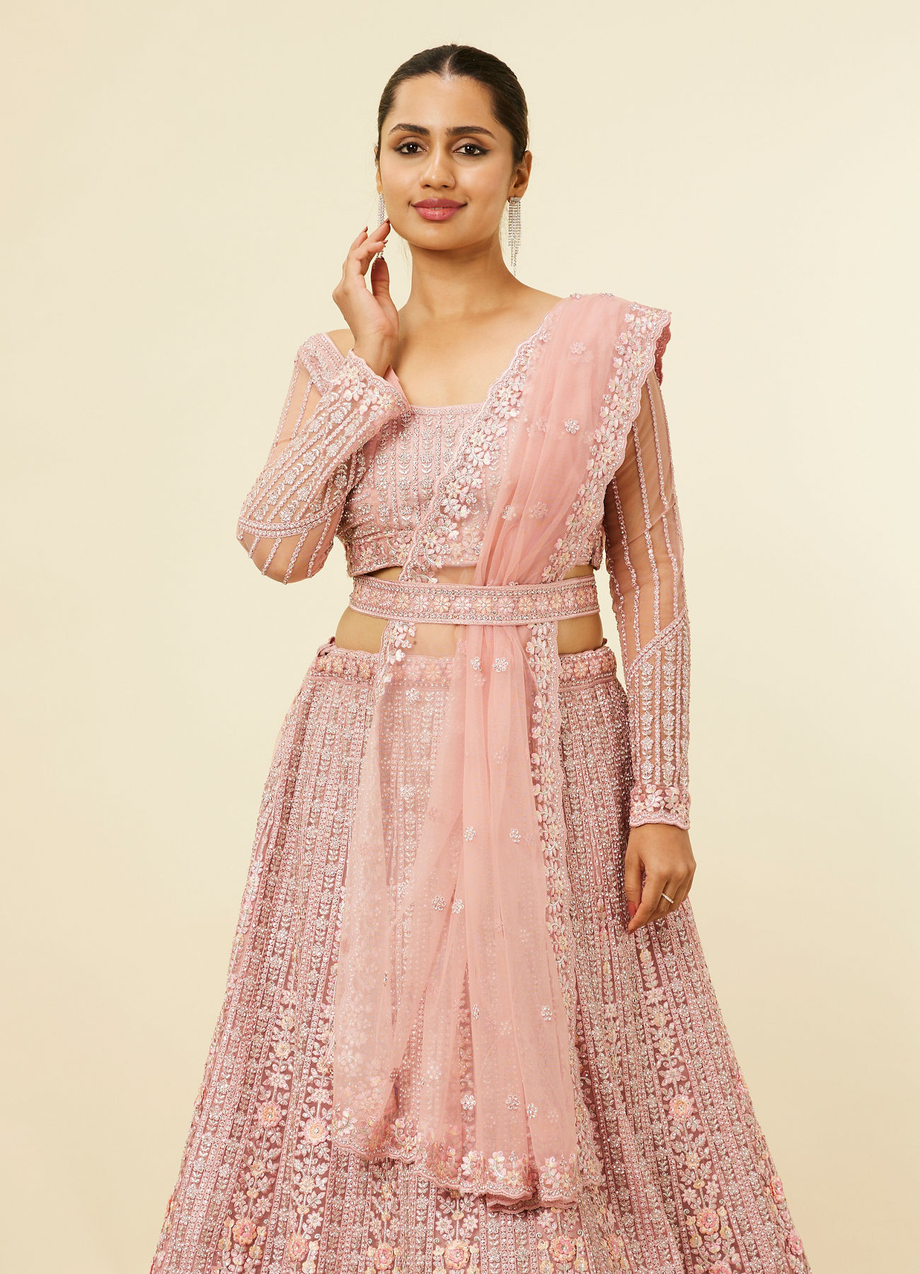 Mohey Women Shell Pink Floral Aari Embroidered Bridal Lehenga