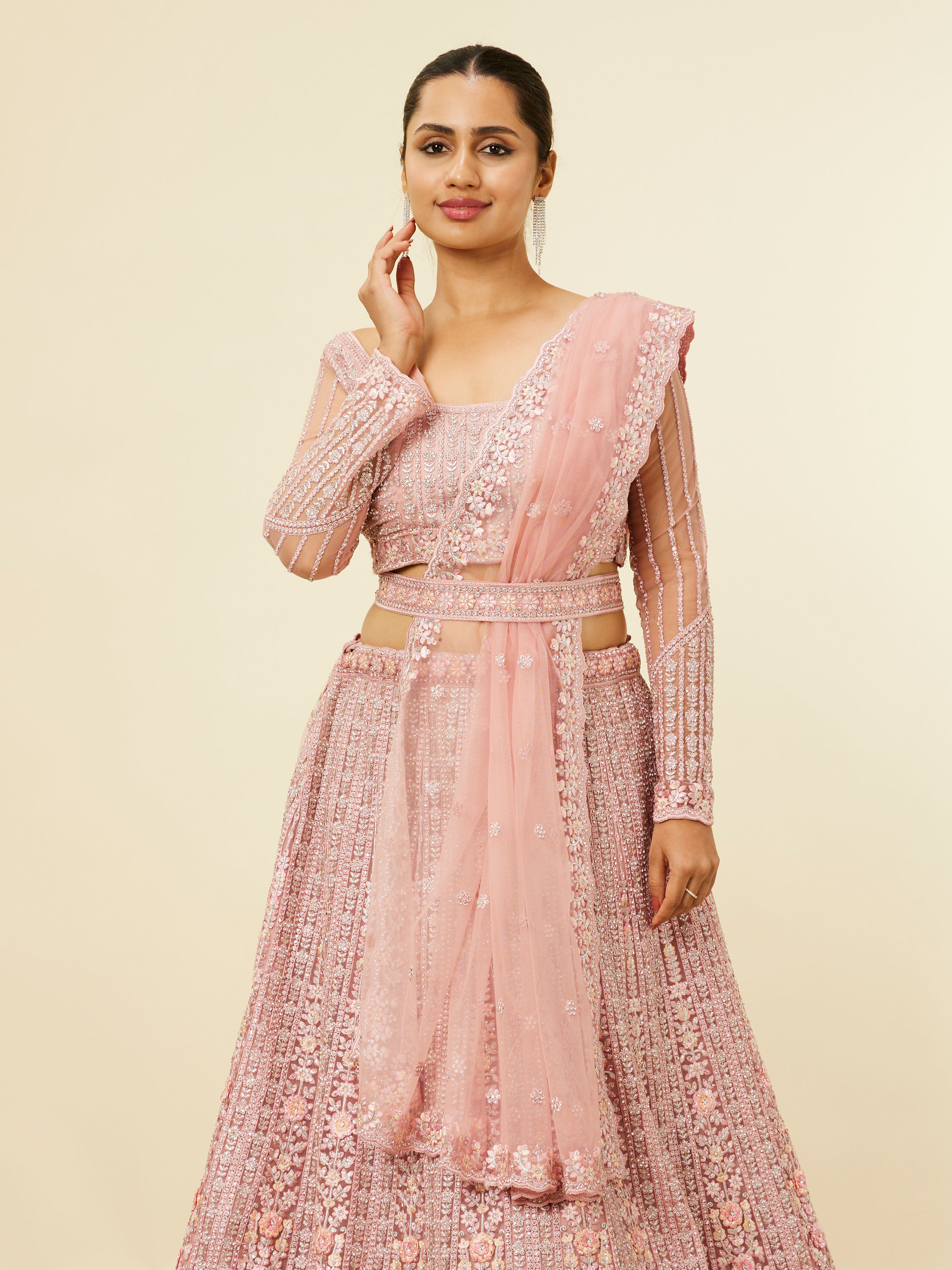 Mohey Women Shell Pink Floral Aari Embroidered Bridal Lehenga