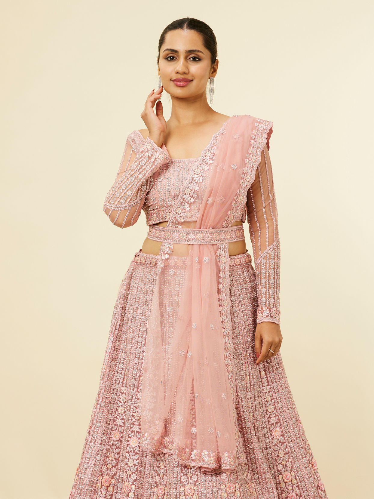 Mohey Women Shell Pink Floral Aari Embroidered Bridal Lehenga