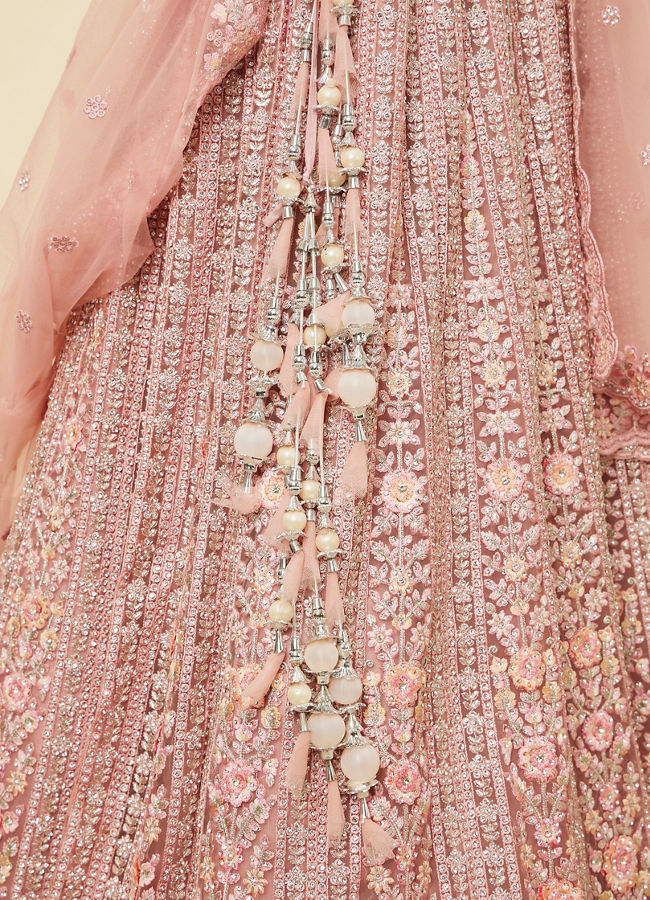 Mohey Women Shell Pink Floral Aari Embroidered Bridal Lehenga