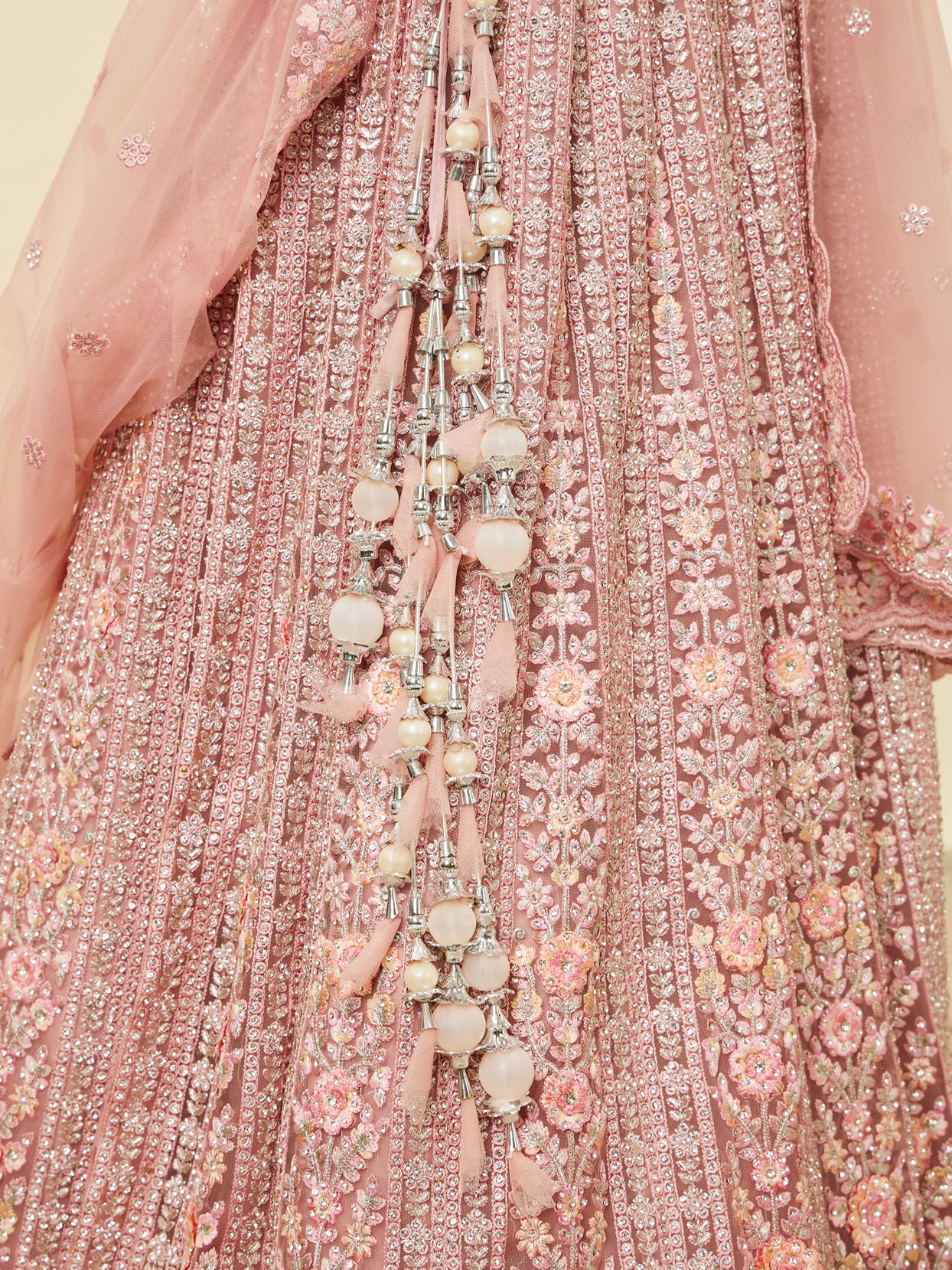 Mohey Women Shell Pink Floral Aari Embroidered Bridal Lehenga