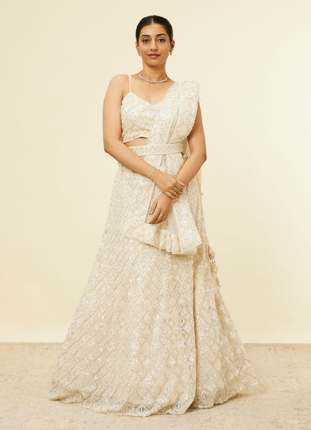 Mohey Women Dark Cream Sequinned Diamond Patterned Lehenga