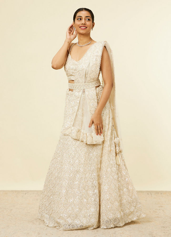 Mohey Women Dark Cream Sequinned Diamond Patterned Lehenga