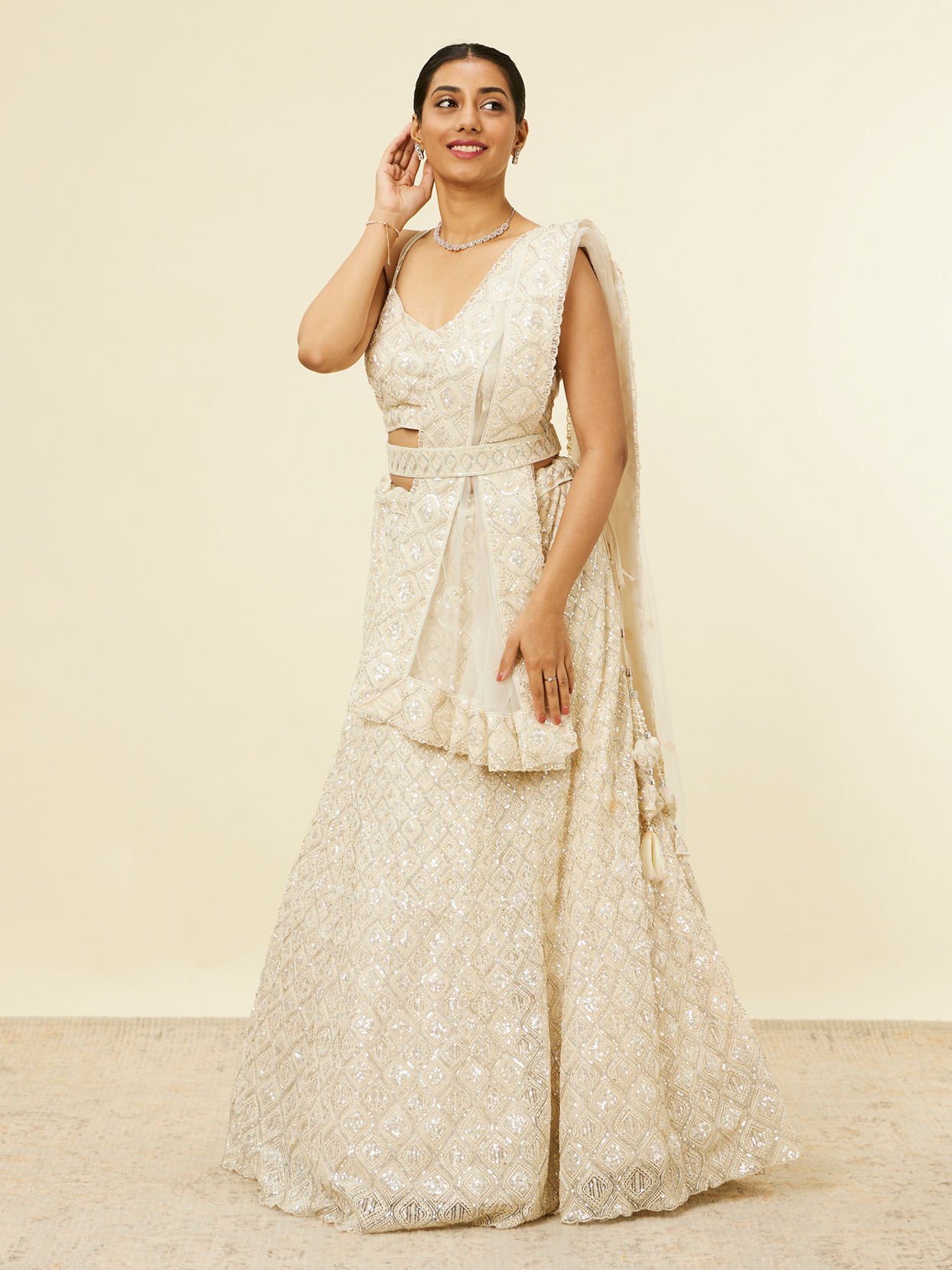 Mohey Women Dark Cream Sequinned Diamond Patterned Lehenga