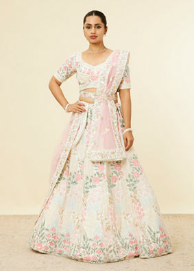 alt message - Mohey Women Cream Floral Sitara Embroidered Lehenga with Round Trimmed Latkans image number 0
