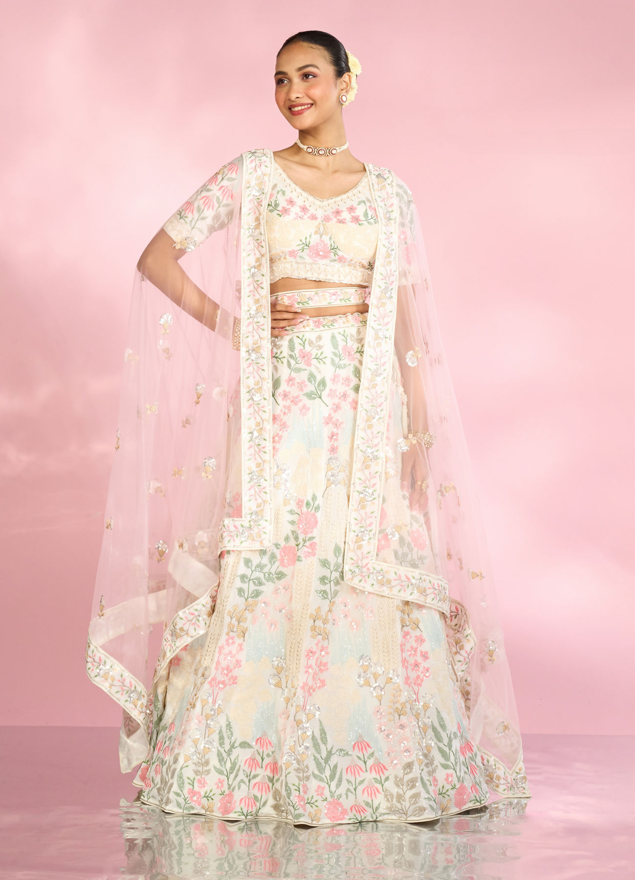 Mohey Women Cream Floral Sitara Embroidered Lehenga with Round Trimmed Latkans