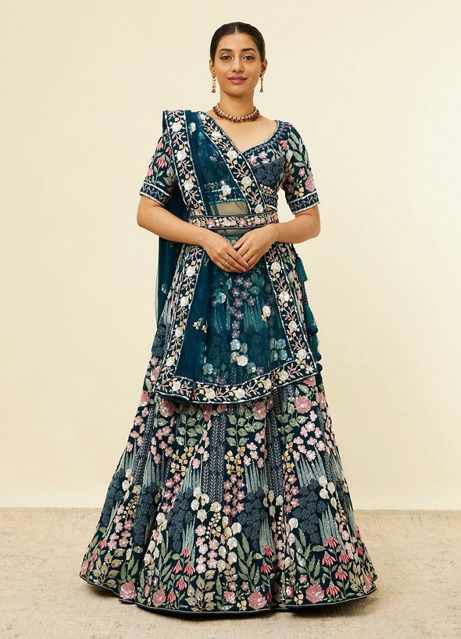 alt message - Mohey Women Teal Blue Floral Embroidered Lehenga image number 0