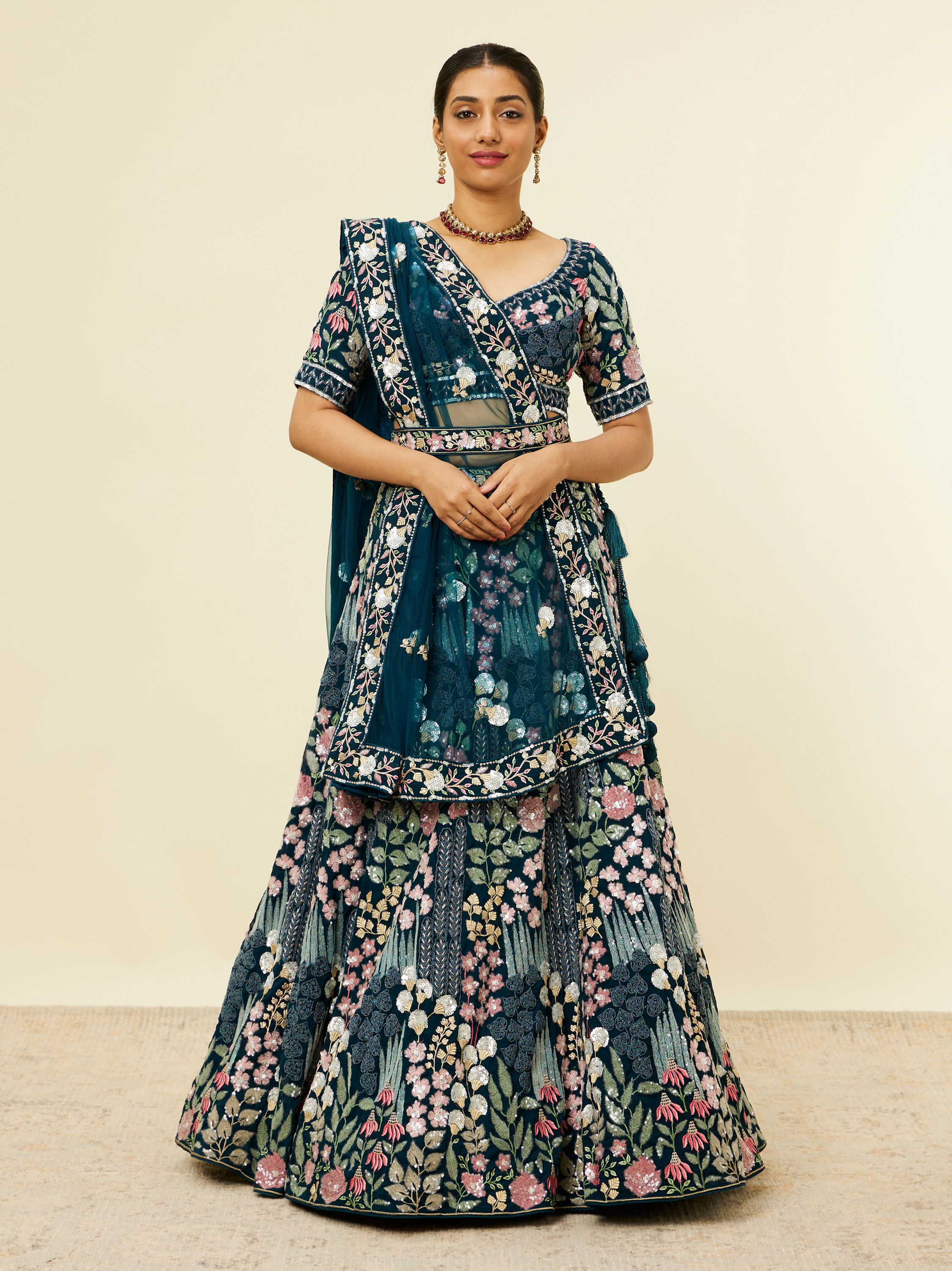 Mohey Women Teal Blue Floral Embroidered Lehenga