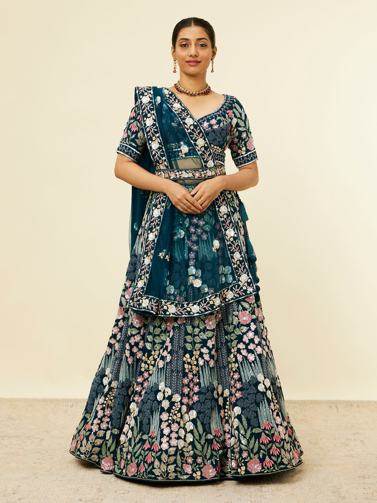 alt message - Mohey Women Teal Blue Floral Embroidered Lehenga image number 0