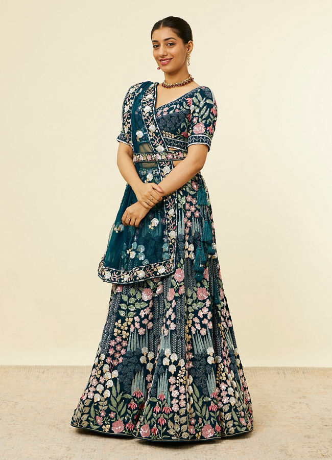 Mohey Women Teal Blue Floral Embroidered Lehenga