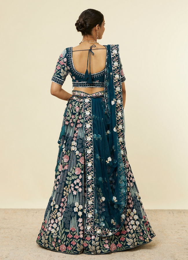 alt message - Mohey Women Teal Blue Floral Embroidered Lehenga image number 3