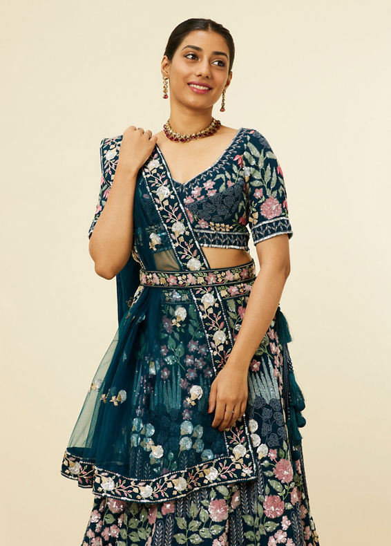 Mohey Women Teal Blue Floral Embroidered Lehenga