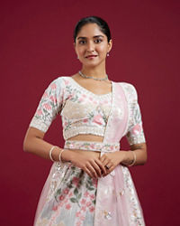 Mohey Women Cream Floral Sitara Embroidered Lehenga with Round Trimmed Latkans