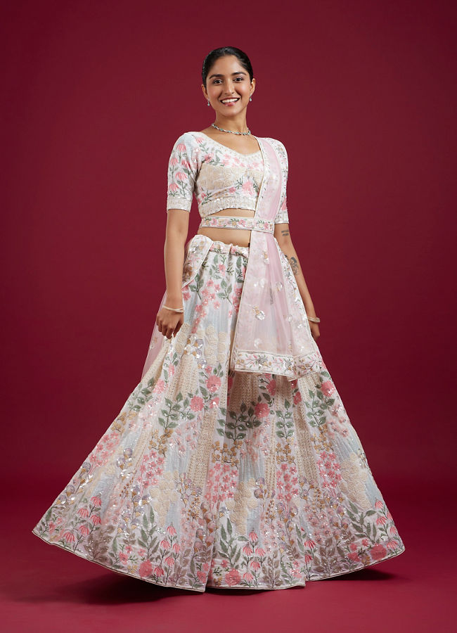 Mohey Women Cream Floral Sitara Embroidered Lehenga with Round Trimmed Latkans