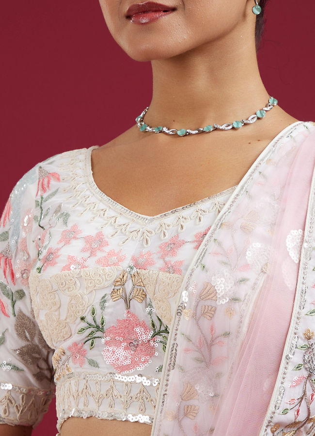 Mohey Women Cream Floral Sitara Embroidered Lehenga with Round Trimmed Latkans