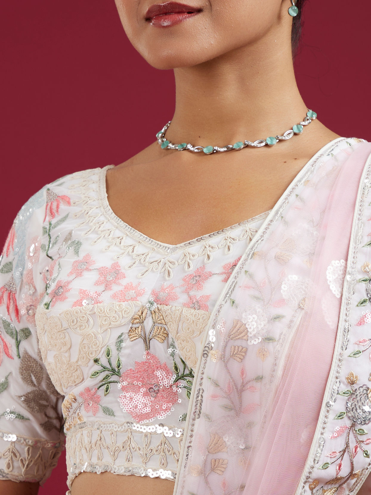Mohey Women Cream Floral Sitara Embroidered Lehenga with Round Trimmed Latkans