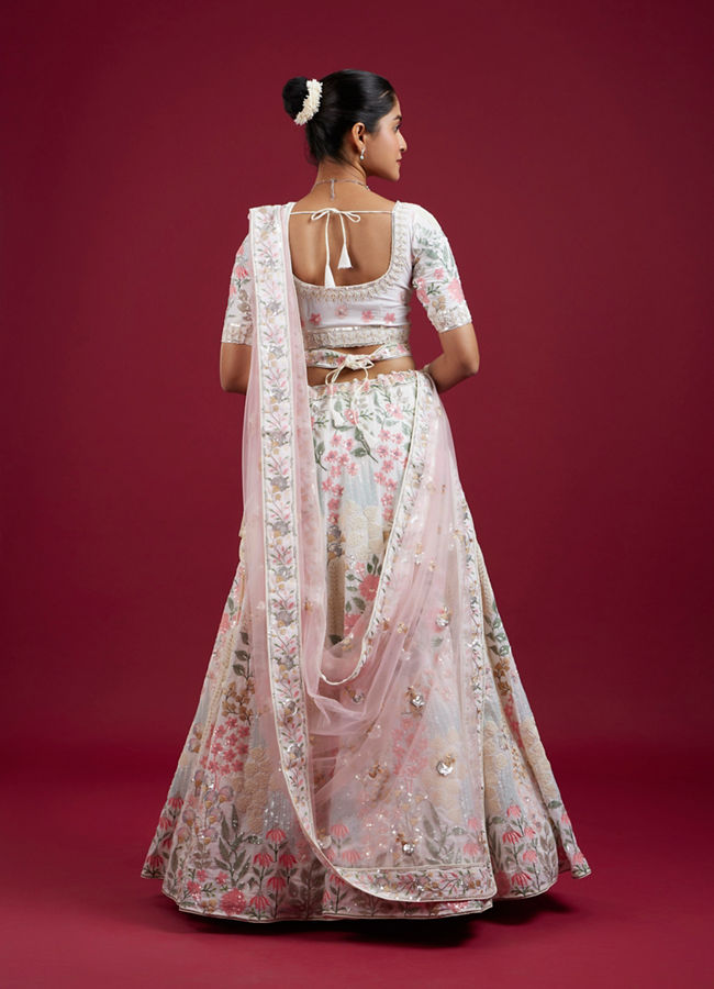 Mohey Women Cream Floral Sitara Embroidered Lehenga with Round Trimmed Latkans