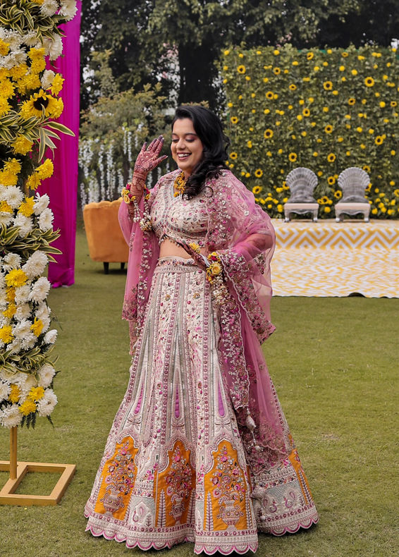 Mohey Women Dark Cream And Pink Paisley Patterned Bridal Lehenga