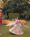 Mohey Women Dark Cream And Pink Paisley Patterned Bridal Lehenga