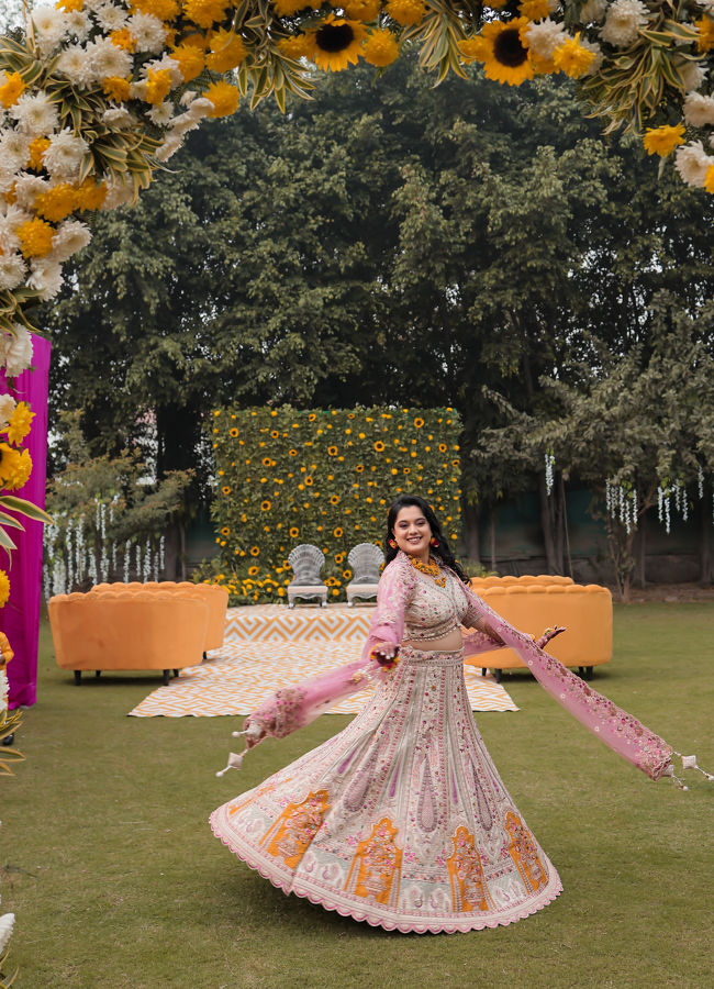 Mohey Women Dark Cream And Pink Paisley Patterned Bridal Lehenga