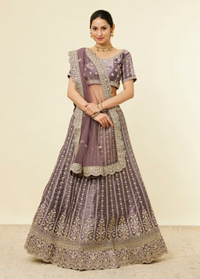 alt message - Mohey Women Purple Floral Aari Embroidered Lehenga image number 0